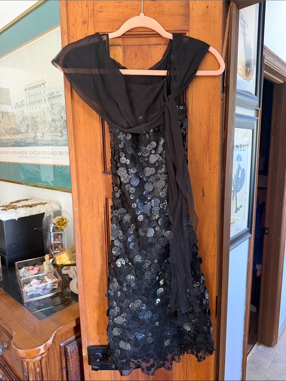Moschino Black Sequin Cocktail Dress with Sheer Scarf